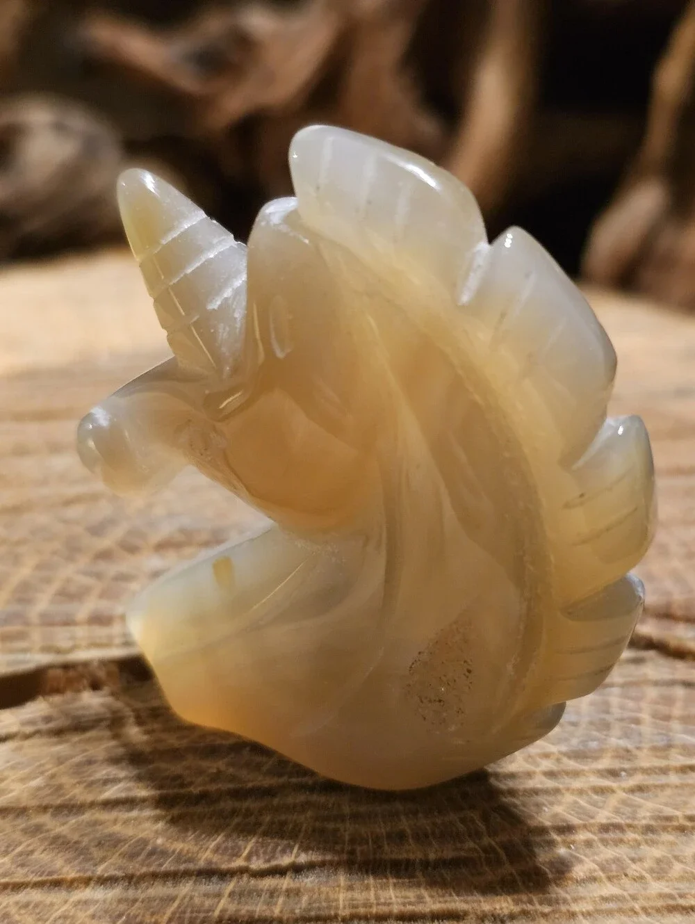 Carved Agate Unicorn Head Figurine in Semi-Translucent Beige With Druzy Crystal